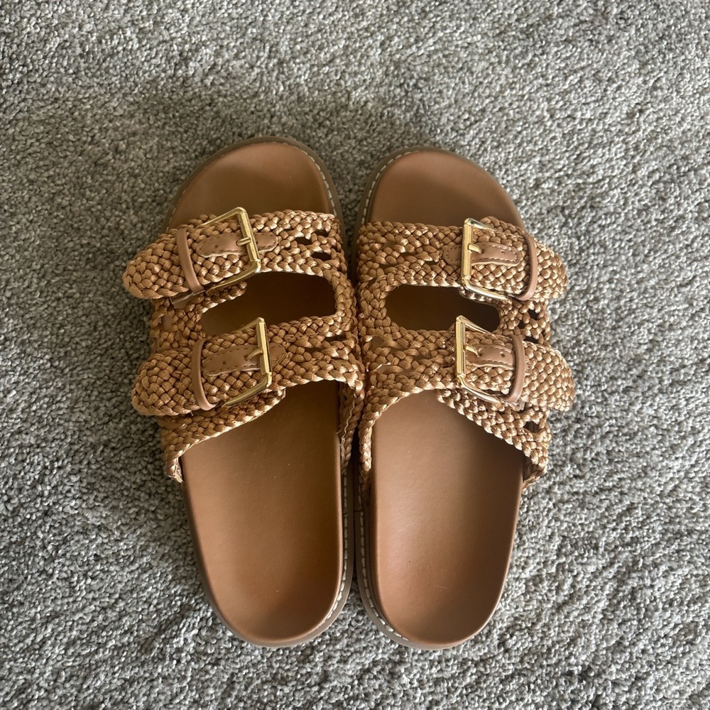 Woven Double-Buckle Slide Sandals - Tan